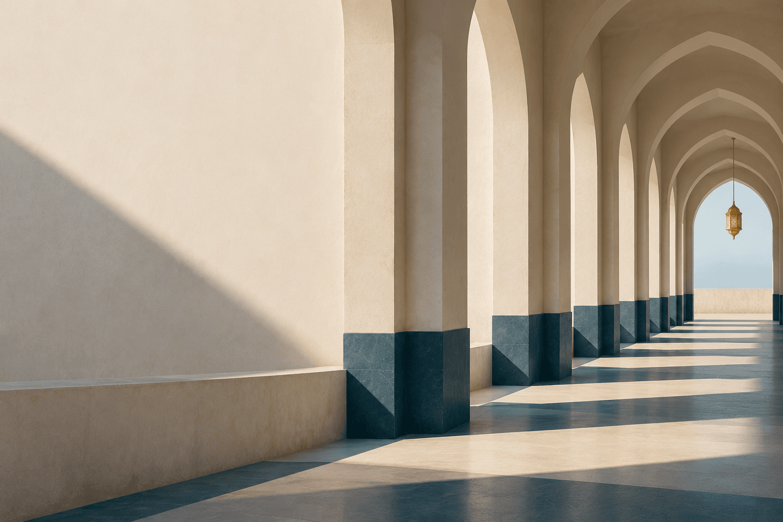 A long colonnade of pale stone arches leading to a bright opening.
